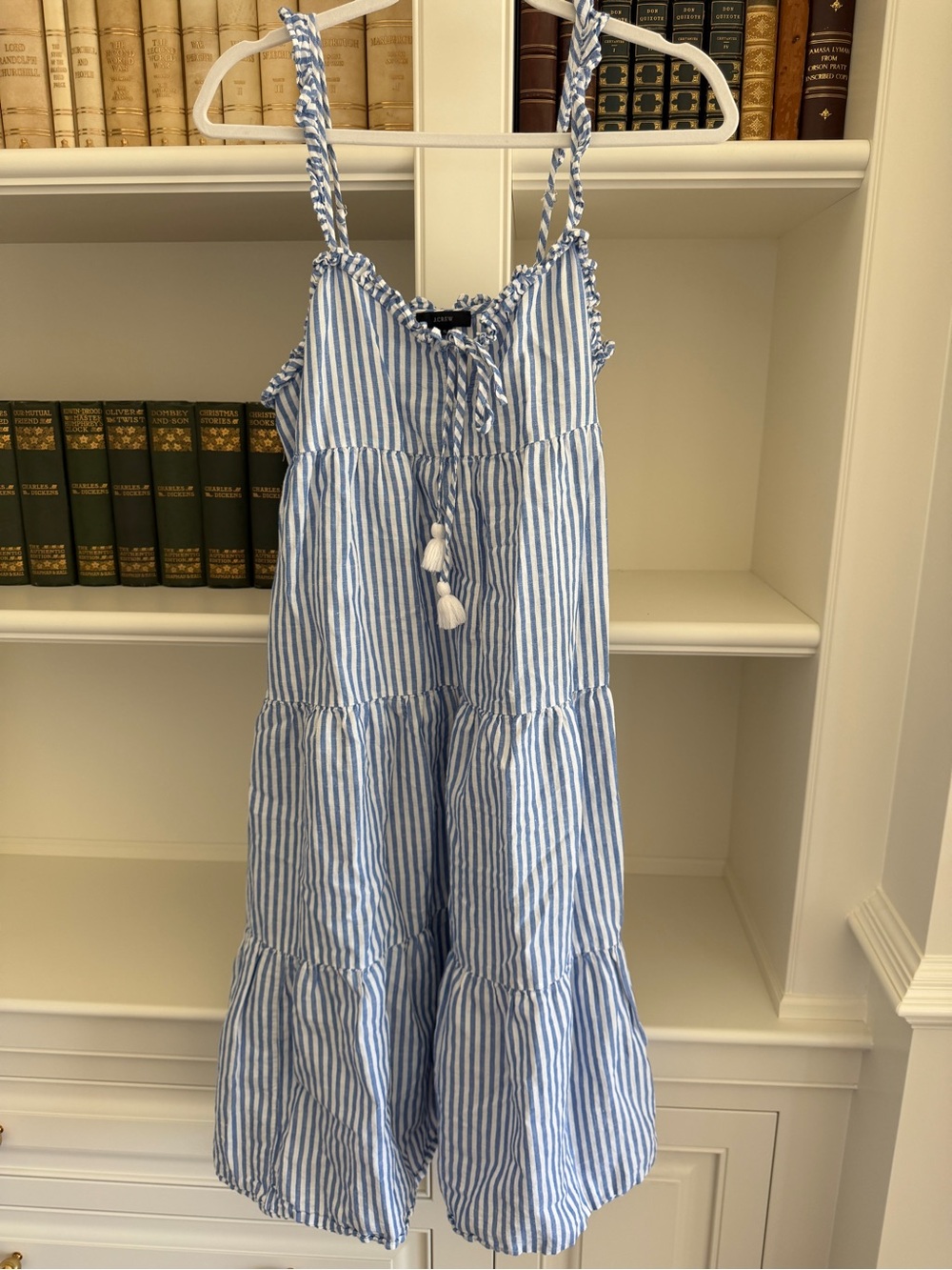 J. Crew Blue and White Striped Tiered Sundress with Tassel Detail